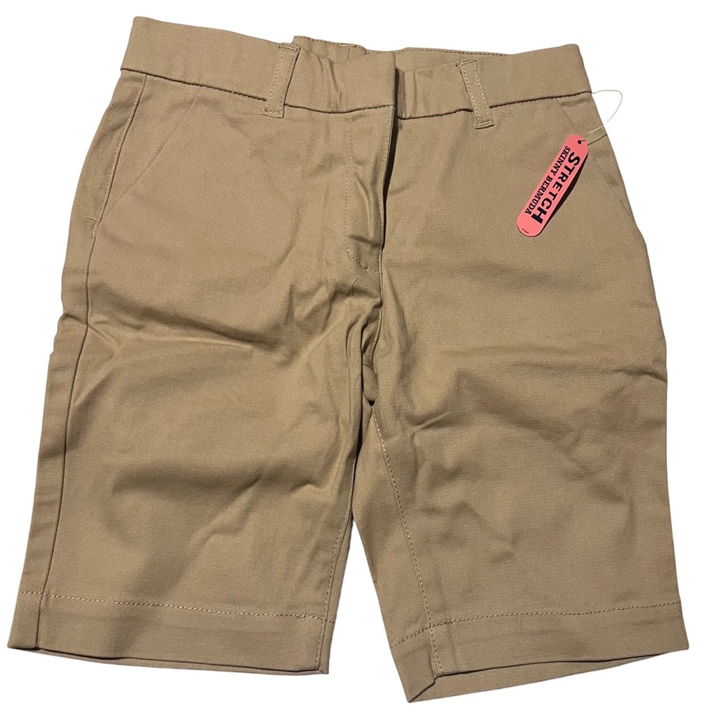 IZOD Girls Skinny Bermuda Shorts Khaki School Uniform Adjustable Waist Size 16